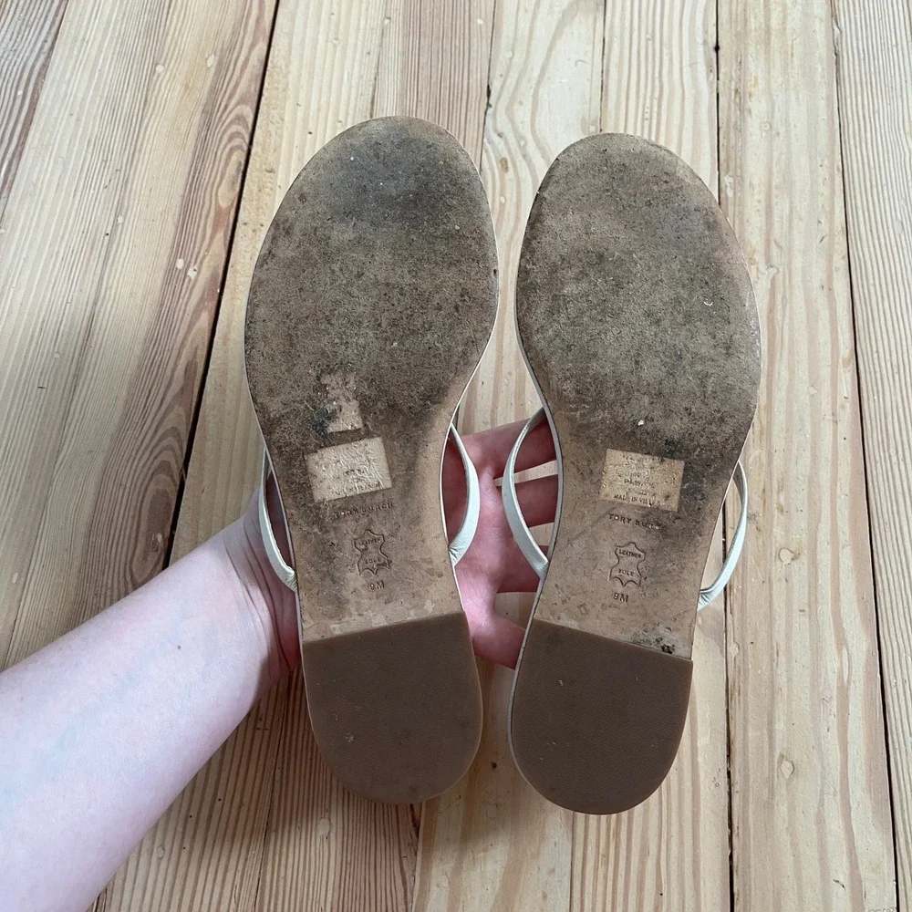 Tory Burch Miller Sandal Cream Leather Logo Thong Flats Women 9 Off White slipon